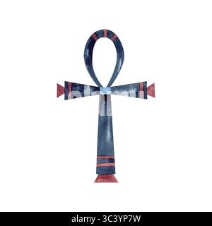 Ankh, antico simbolo religioso egiziano. Geroglifico in forma di croce, ornamento isolato dallo sfondo. Illustrazione dell'icona blu scuro, rosso con acquerello per Foto Stock