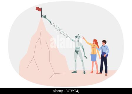 Robot aiuta gli uomini d'affari a raggiungere il successo e a raggiungere gli obiettivi, tira fuori la bandiera dall'alta montagna Illustrazione Vettoriale