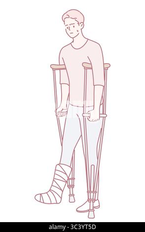 Un giovane determinato che usa le stampelle e indossa un gesso delle gambe, che rappresenta i temi della ripresa e della resilienza Illustrazione Vettoriale