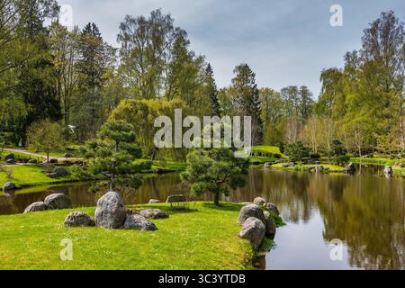 Giardino giapponese con laghetto nel parco Kadriorg nella città di Tallinn, Estonia. Foto Stock