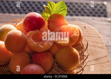 Albicocche e nettarine mature fresche in un cesto di vimini su un tavolo di legno in giardino. Frutta estiva, cibo sano e concetto di raccolta biologica Foto Stock