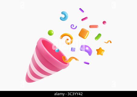 Rendering realistico in 3D di un popper a righe rosa pieno di coriandoli colorati su sfondo bianco e pulito. Illustrazione Vettoriale