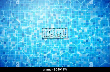 Design per striscioni con vista dall'alto e piastrelle blu con onde d'acqua e spazio per testo. Vector Summer Beach Vacation Travel and Water Sport or Water Illustrazione Vettoriale