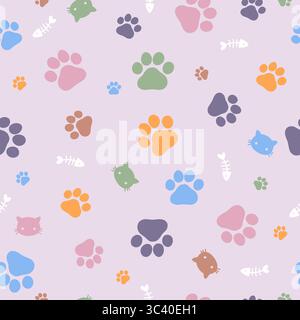 Sfondo della carta da parati delle zampe Cat. Impronte di animali domestici motivo senza cuciture. Simpatici cuccioli, gattini e ossa di pesce per il negozio di animali domestici. Foto Stock
