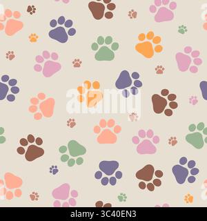 Sfondo zampe PET. Sfondo di carta da parati per cani e gatti. Impronte di animali domestici motivo senza cuciture. Simpatici cuccioli e gattino a ripetizione per il negozio di animali domestici. Foto Stock