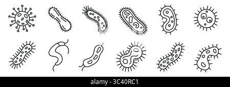 Batteri, microbi, virus contorno vettoriale set di icone. Prelievo microscopico di batteri e bacillo, isolato su sfondo bianco. Illustrazione Vettoriale