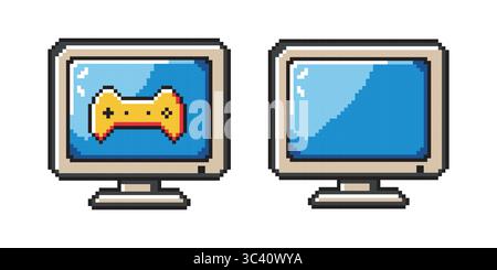 Immagine in pixel di un monitor di un computer retro con schermata blu Illustrazione Vettoriale