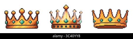 Set di vettori isolati con corona a 8 bit Pixel ART. Illustrazione in stile cartoni animati delle icone dei pixel della corona dorata. Isolato su bianco. Illustrazione Vettoriale