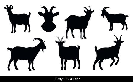 Set di sagome nere di capre su sfondo bianco. Illustrazione vettoriale. Illustrazione Vettoriale