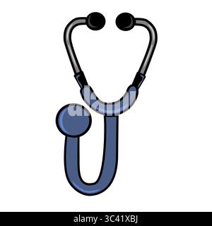 Una semplice illustrazione vettoriale di uno stetoscopio è raffigurato in colori blu e nero, simboleggiando la salute e l'assistenza medica. Illustrazione Vettoriale