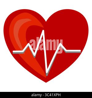 Un cuore rosso stilizzato vettoriale con una linea elettrocardiografica bianca che lo attraversa, simboleggiando la salute e la vitalità. Illustrazione Vettoriale
