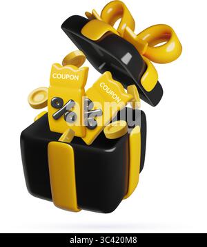 Icona dei buoni 3d in vendita con segno di percentuale nero e monete volanti Illustrazione Vettoriale
