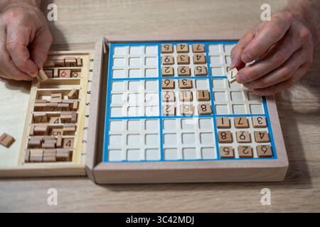 Mani da vicino posizionando con cura il numero nel puzzle Sudoku, persone anziane profondamente impegnate nel risolvere rompicapo impegnativo, stimolazione mentale e enjo Foto Stock
