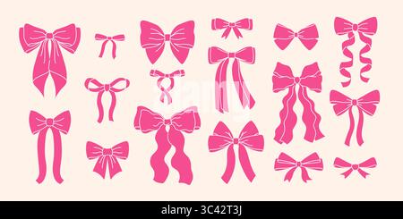 Fissa fiocchi e nastri rosa per i capelli. Set di illustrazioni vettoriali piatte. Fiocco alla moda per confezionare i regali. Decorazioni natalizie in regalo per il compleanno. Carino vintage Illustrazione Vettoriale