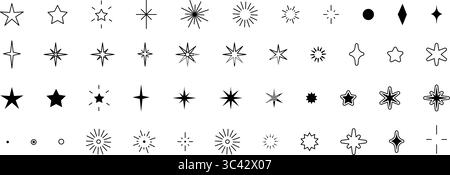 Set di scintille nere diverse. Raccolta del simbolo della stella. Per carte, logo, decorazioni, inviti, design Illustrazione Vettoriale