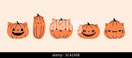 Gatto jack o lanterna gourd. Zucche con facce intagliate. Illustrazione vettoriale ingegnosa del gatto squash Illustrazione Vettoriale