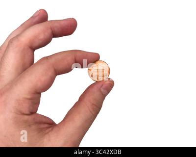 Monete USA, denaro USA, centesimi, stipendio in dollari, dollaro, mans hand ha una pila di monete, spazio copia, flay lay lay, vista dall'alto. Il centesimo e il TH Foto Stock