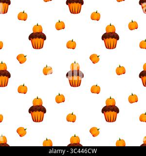 Motivo senza cuciture con graziosi elementi di Halloween. Ornamento ripetuto con cupcake e zucche Foto Stock