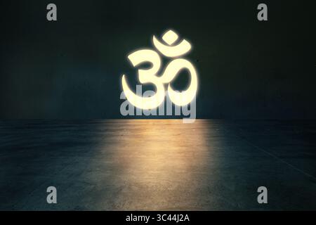 Simbolo Om luminoso sulla parete in una stanza buia e vuota Foto Stock