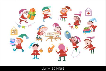 Elfi e Babbo Natale si preparano per Natale. Capodanno e vacanze invernali. Serie di illustrazioni secondarie isolate su sfondo bianco Illustrazione Vettoriale