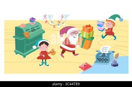 Babbo Natale e gli elfi si stanno preparando per Natale. Capodanno e vacanze invernali. Scena dei bambini per il design. Illustrazione vettoriale. Illustrazione Vettoriale
