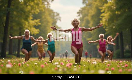 Donne anziane attive che fanno esercizio di yoga sincronizzato nello splendido parco con fiori Foto Stock