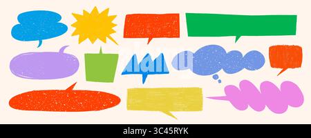 Bolla vocale pastello con sfondo rosso, blu, verde e giallo su sfondo chiaro. Dialoghi e dialoghi disegnati a mano in stile cartoni animati. Utilizzare per Illustrazione Vettoriale