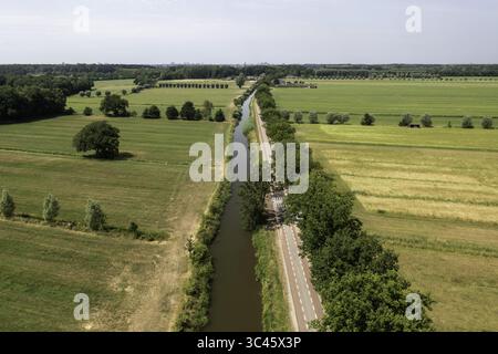 Vista aerea di un tranquillo canale che riflette il cielo, fiancheggiato da una strada stretta e da vivaci campi verdi che si estendono fino all'orizzonte, Werkhoven, Utrecht, Paesi Bassi. Foto Stock