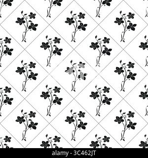Un motivo vettoriale senza cuciture caratterizzato da silhouette floreali nere su sfondo bianco, disposte a rombo. Il design include vari fiori Illustrazione Vettoriale