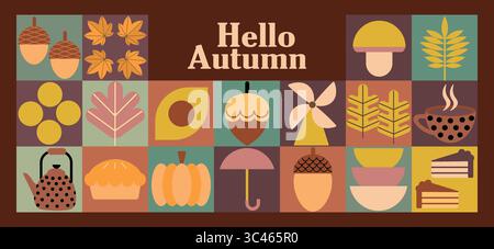 Collage Autunno Vibes Geometric Fall Harvest. Striscioni con elementi autunnali in stile Bauhaus. Design di poster autunnali. Illustrazione Vettoriale