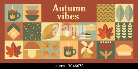 Collage Autunno Vibes Geometric Fall Harvest. Striscioni con elementi autunnali in stile Bauhaus. Design di poster autunnali. Illustrazione Vettoriale