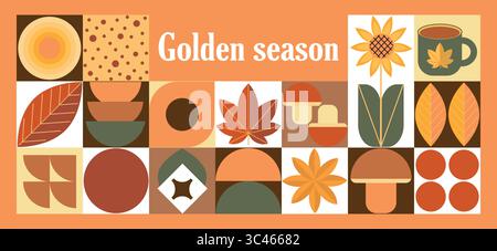 Collage Autunno Vibes Geometric Fall Harvest. Striscioni con elementi autunnali in stile Bauhaus. Design di poster autunnali. Illustrazione Vettoriale