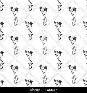 Un motivo vettoriale senza cuciture caratterizzato da delicati motivi floreali con piccoli fiori e foglie disposti in un layout a rombo. Il design è monocromatico, e. Illustrazione Vettoriale