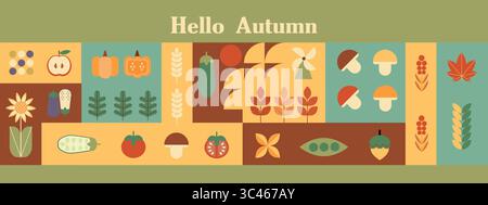 Collage Autunno Vibes Geometric Fall Harvest. Striscioni con elementi autunnali in stile Bauhaus. Design di poster autunnali. Illustrazione Vettoriale