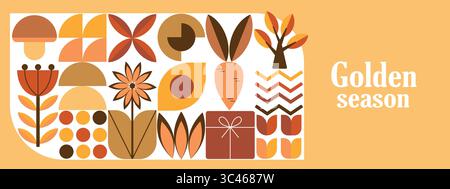 Collage Autunno Vibes Geometric Fall Harvest. Striscioni con elementi autunnali in stile Bauhaus. Design di poster autunnali. Illustrazione Vettoriale