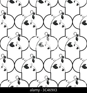 Un motivo vettoriale in bianco e nero senza cuciture caratterizzato da viti stilizzate con foglie e fiori, disposte a est di cerchi sovrapposti. Illustrazione Vettoriale