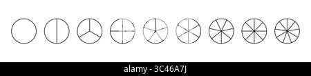 Il modello dei settori del grafico a torta divide il cerchio su parti uguali. Vuoto coaching. Grafici segmentati. Parti della ruota dello schema da 1 a 9. Contorno nero Illustrazione Vettoriale