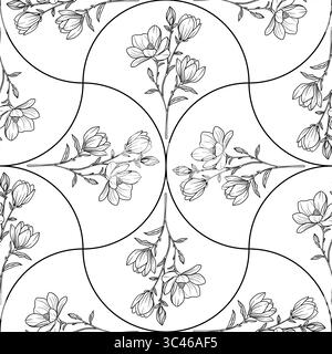 Un motivo floreale vettoriale senza cuciture caratterizzato da delicati fiori disegnati a linee magnolia disposti in forme ad arco casuali. Il design è monocromatico con intri Illustrazione Vettoriale