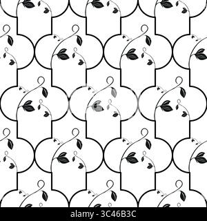 Un motivo vettoriale senza cuciture caratterizzato da foglie e viti stilizzate su sfondo bianco, disposte a est con forme circolari. Illustrazione Vettoriale