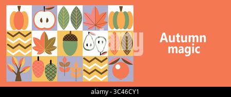 Collage Autunno Vibes Geometric Fall Harvest. Striscioni con elementi autunnali in stile Bauhaus. Design di poster autunnali. Illustrazione Vettoriale