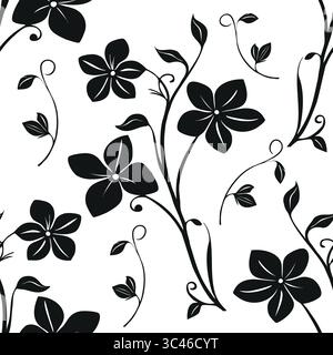 Un motivo vettoriale senza cuciture caratterizzato da silhouette floreali nere su sfondo bianco. Il design comprende vari fiori e vigne vorticose, creando un Illustrazione Vettoriale