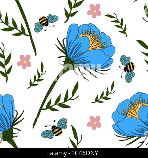 Un vivace motivo floreale vettoriale caratterizzato da fiori blu, foglie verdi e api. Il design include piccoli fiori rosa sparsi per tutto, creando Illustrazione Vettoriale