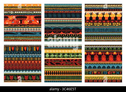 Motivo africano senza cuciture. Animali etnici tribali. Creare simboli geometrici primitivi. Stampa Boho ripetuta. Ornamenti botanici per safari. Motivo della giungla. Decorazioni etniche indigene. Sfondo vettoriale impostato Illustrazione Vettoriale