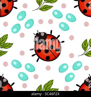 Un motivo vettoriale senza cuciture caratterizzato da coccinelle colorate, foglie verdi e gocce d'acqua su sfondo bianco. Le coccinelle sono di colore rosso brillante con nero Illustrazione Vettoriale