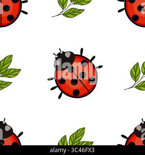 Un motivo vettoriale senza cuciture caratterizzato da graziosi coccinelle e foglie verdi su sfondo bianco. Le coccinelle sono di colore rosso brillante con macchie nere e le foglie Illustrazione Vettoriale