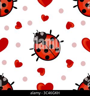Un motivo vettoriale senza cuciture caratterizzato da graziosi coccinelle e cuori su sfondo bianco. Le coccinelle sono rosse con macchie nere, e i cuori si infrangono Illustrazione Vettoriale