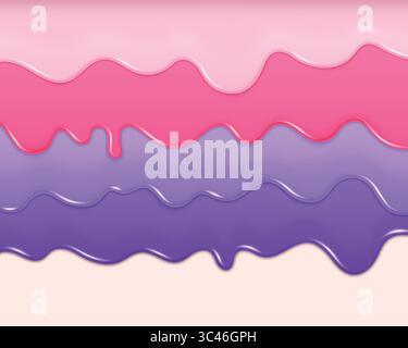 Gocciolamento di gelato. Torta di caramelle in metallo. Gelato rosa o dolce ciambella sfumata. Glassa di sciroppo. Smalto fluido. Strati cremosi pastello liquidi. Dessert alla vaniglia. Fusione del confine. Cornice cremosa. Sfondo vettoriale Illustrazione Vettoriale