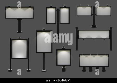 Mockup Billboard. Cartellone urbano verticale o orizzontale. Telaio per banconote da esterno. Modello 3D del poster. Modello di cartello pubblicitario. Display scatola luminosa vuoto. Set di banner di marketing su strada realistici e vettoriali Illustrazione Vettoriale