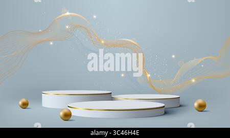 podio bianco 3d. Sfondo piattaforma Gold, supporto o palco prodotto, piedistallo con scatola. Esposizione di premi quadrata. Sfondo minimo per la presentazione del prodotto, vetrina realistica, linee dorate. Modello vettoriale Illustrazione Vettoriale