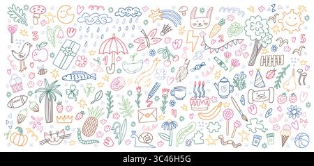 Elementi per bambini. Grafica simpatica per i bambini, bozzetti per bambini o fiori a matita, sole e alberi. La scuola disegnata a mano gioca faccia divertente, nuvole e arcobaleno. Design di sfondo o sfondo. Set di icone vettoriali per scarabocchi Illustrazione Vettoriale